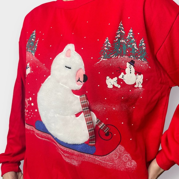 80s Polar Bear Sledding Holiday Scene Sweatshirt - Picture 4 of 7